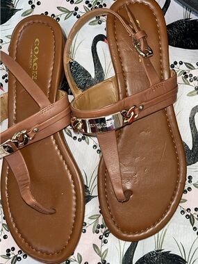 COACH Brown Leather T-Strap Sandals with Gold Accent